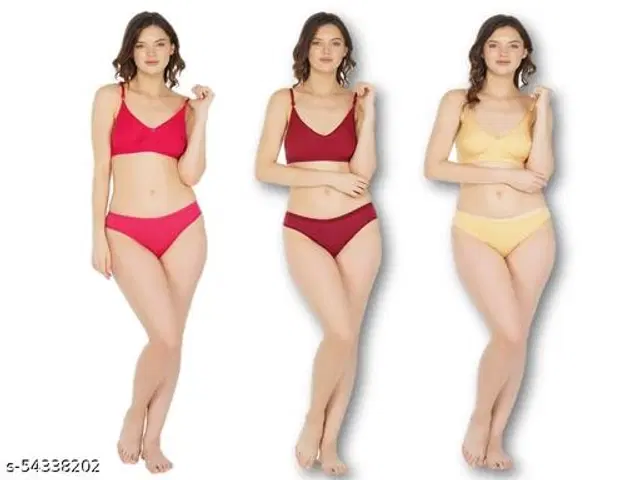 Cotton Blend Solid Lingerie Set for Women, Pack of 3 (Multicolor, 30A)