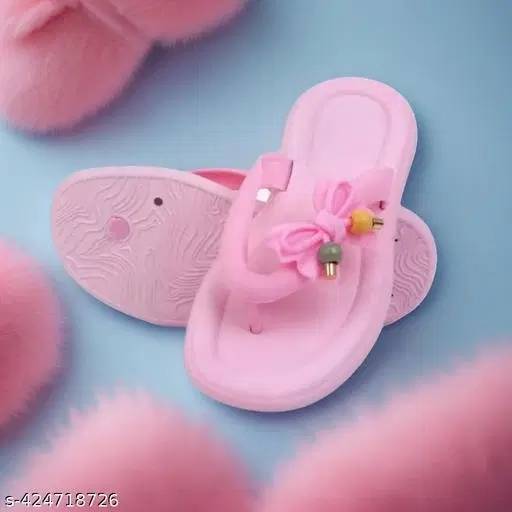 Bow Embellished Beach Flip Flops for Girls (Pink, XS)