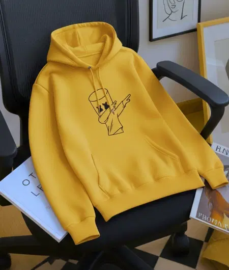 Fleece Printed Hoodie for Men, YELLOW (M)
