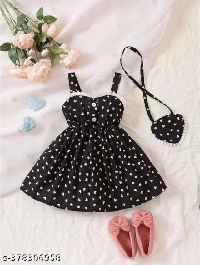 Cotton Frock with Sling Bag for Girls (Black, 3-6 Months)