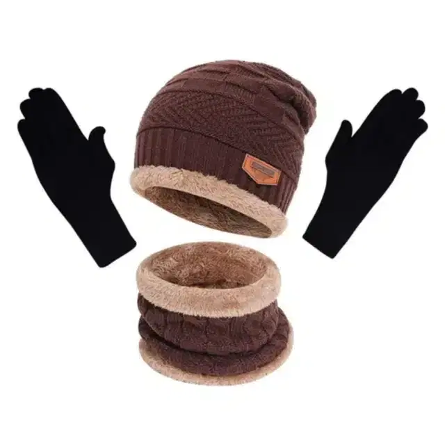 Balaclava Cap with Neck Warmer & Gloves, Set of 1 (Brown)