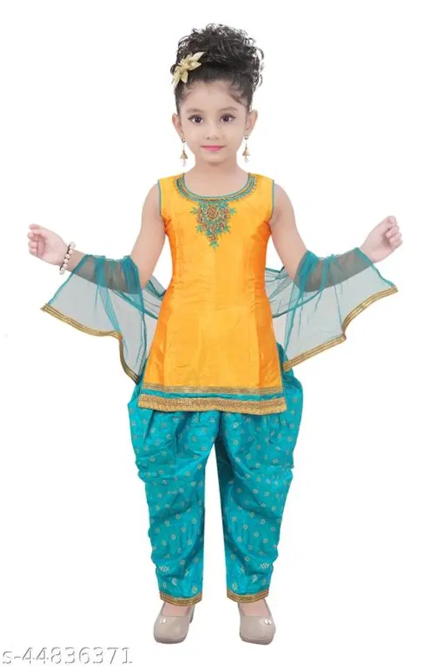 Silk Blend Kurta Sets for Girls (Yellow & Teal, 12-18 Months)