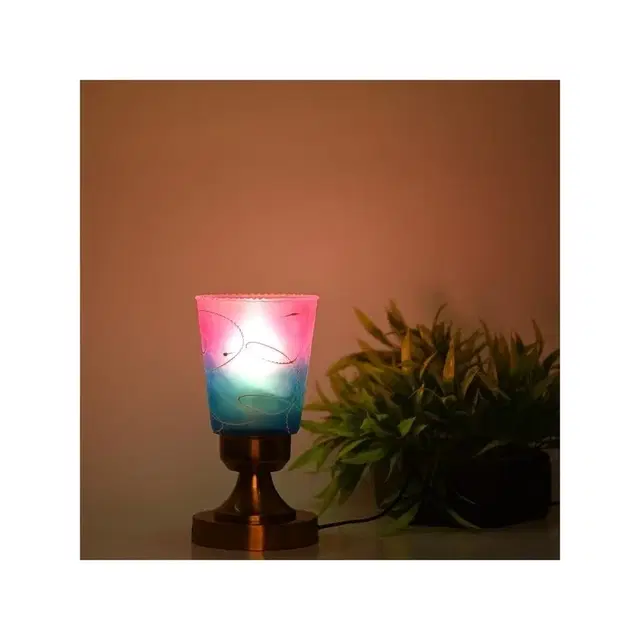 Glass Shade Table Lamp With Brass Base (Pink & Blue)