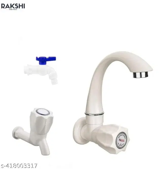 Plastic Swan Neck Tap with Bib Cock Tap & Nozzle Tap, White & Blue, Set of 3