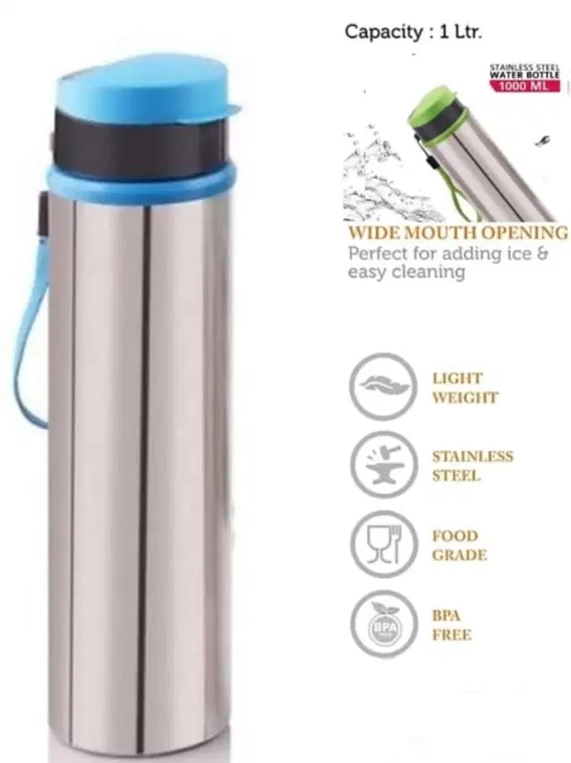 Stainless Steel Water Bottle, Silver & Blue, 900 ml