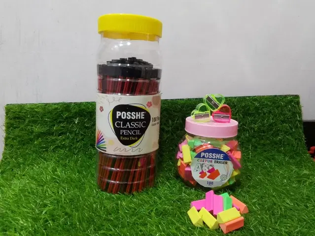 Combo of Posshe Pencils, 100 Pcs with 100 Pcs Erasers & 2 Pcs Sharpeners, Multicolor, Set of 3