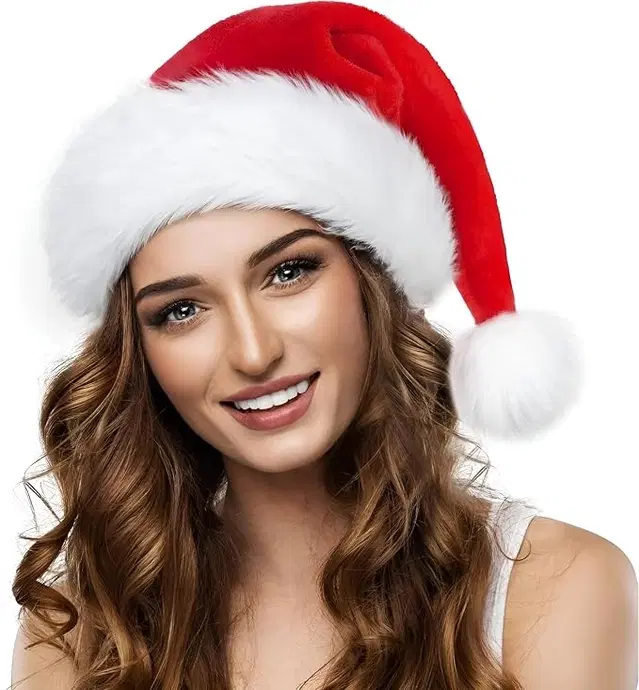 Fur Santa Claus Cap for Men & Women, Red & White