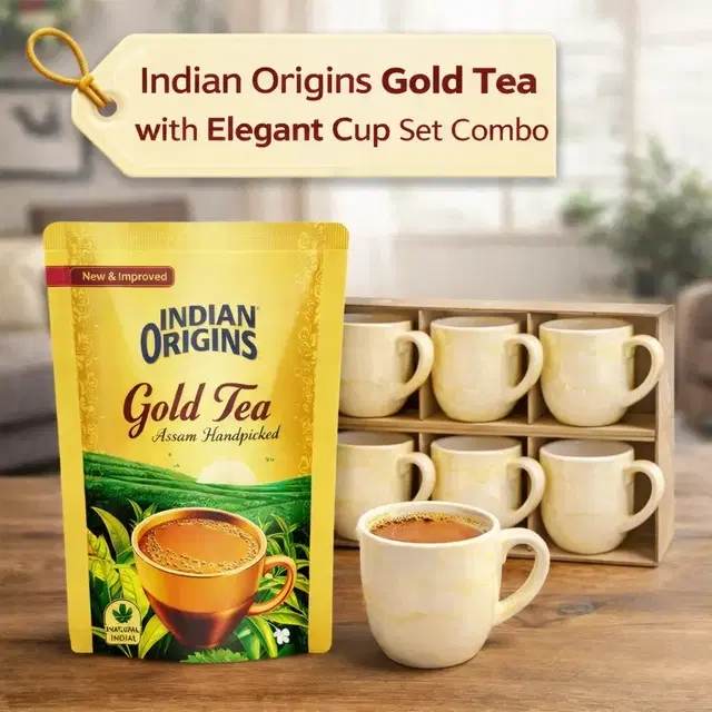 Ceramic Tea & Coffee Cup, Yellow, Pack of 6 (140 ml) + Indian Origins Gold Tea 100 g