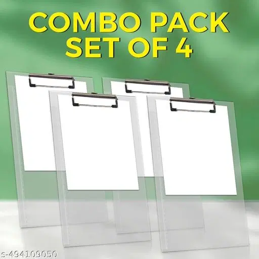 Set of 4 Unbreakable Transparent Examination Paper Clipboard Combo(III) | Writing Pad | Drawing/Writing/Exam Board/Clipboard with Clip and Elastic - Sturdy, Lightweight for Office, School, College Transparent Exam Pad