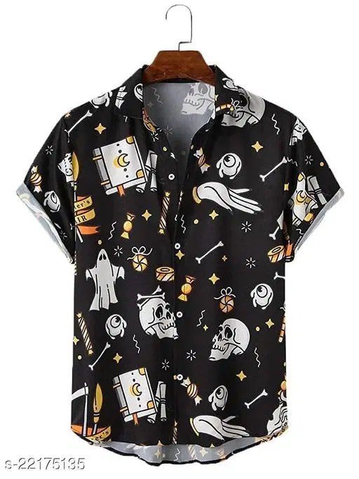 Digital Printed Stitched Half Sleeve Shirt for Men (Black, S)