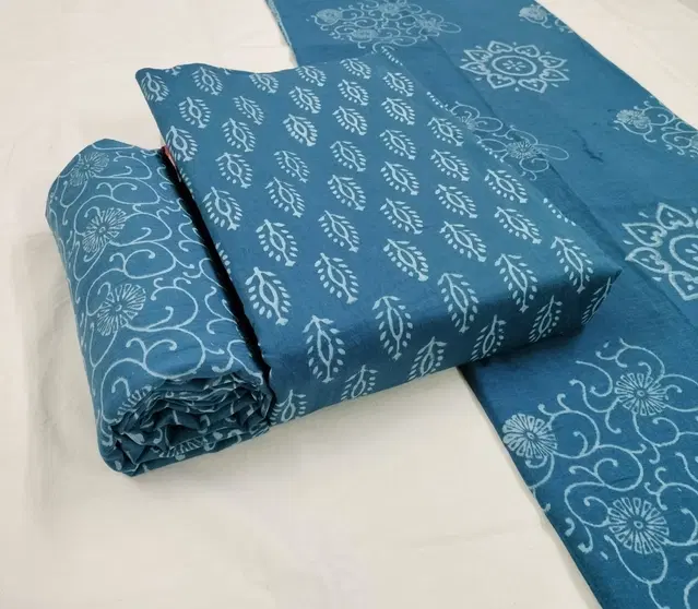 Cotton Batik Hand Block Unstitched Suit Fabric with Dupatta for Women (Blue, 2.25 m)