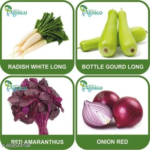 4 Vegetable Seeds Combo With Instruction Manual(Radish White Long/Bottle Gourd Long/Red Amaranthus/Onion Red)
