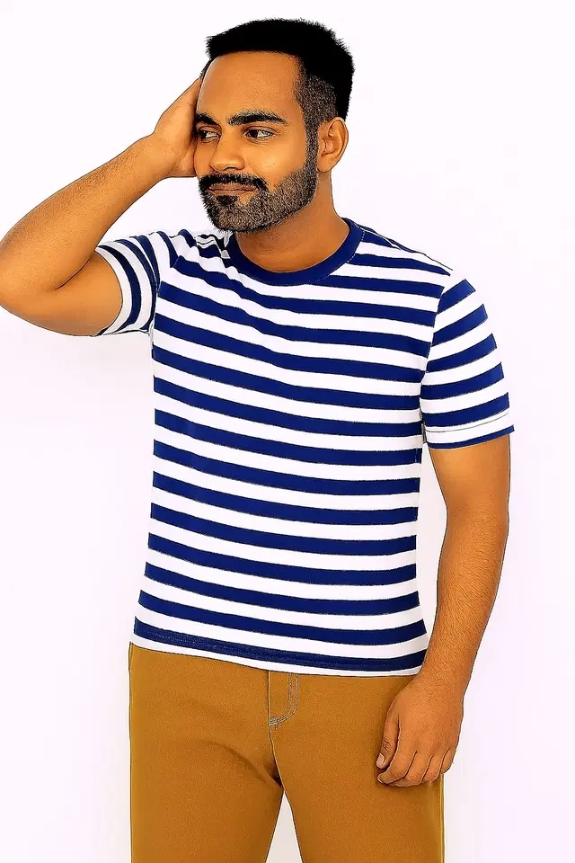 Cotton Stripes T-shirt for Men, Blue (S)