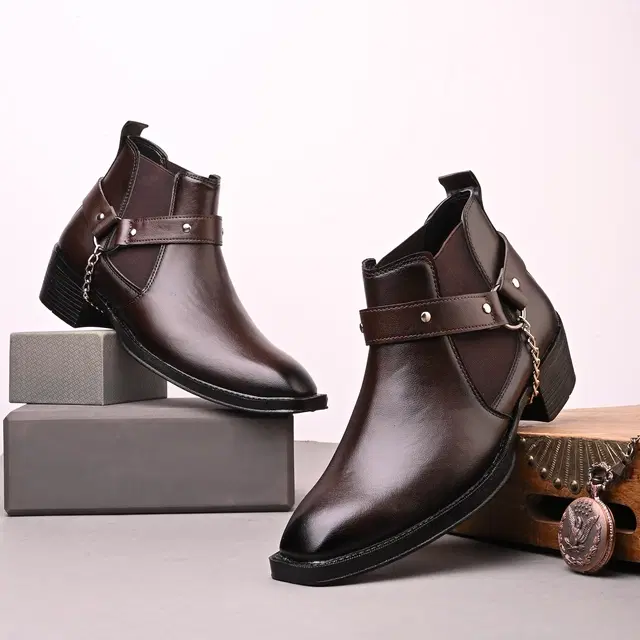 Synthetic Leather Flat boots for Men, Pack of 21 (Brown, 6)