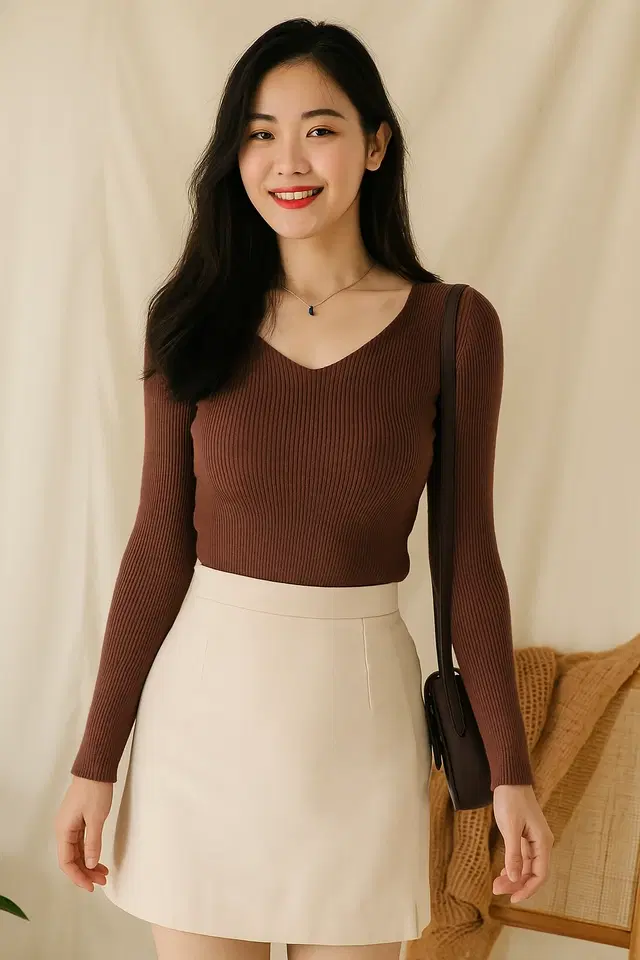 Women's Casual Wear Solid Body fitted Full sleeve Rib Top; Brown; Style-1 (L)