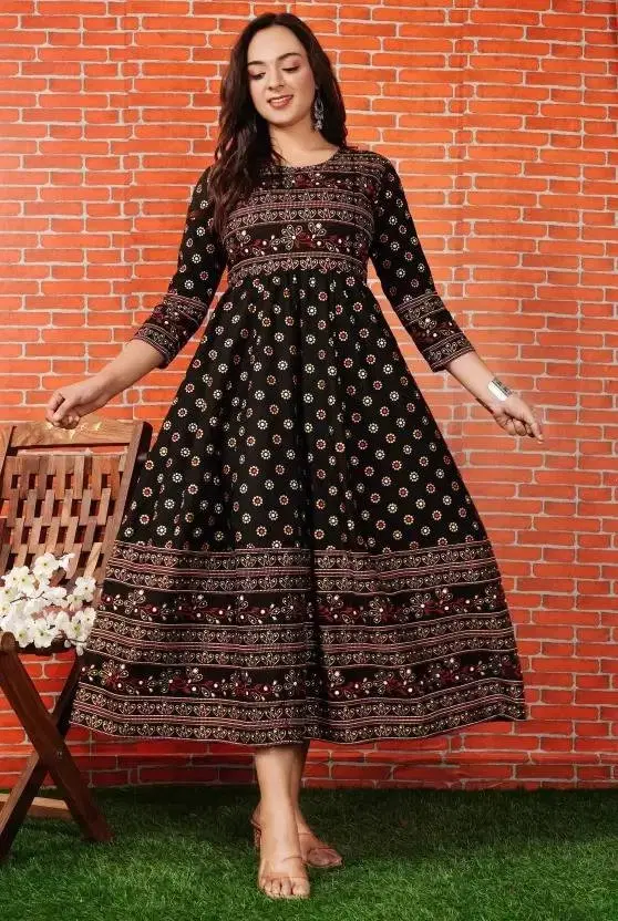 Rayon Printed Anarkali Kurti for Women, Black (M)