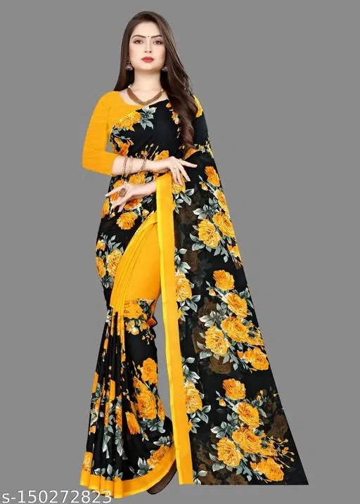 Georgette Abstract Saree for Women (Yellow & Black, 6.3 m)