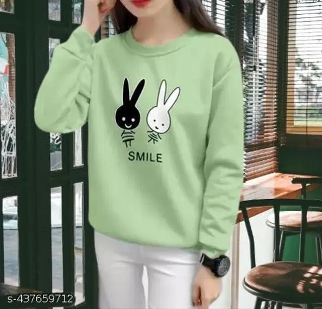Cotton Blend Printed Sweatshirt for Women (Sea Green, XL)