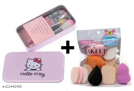 Hello Kitty Mini Pink Makeup Brush Set (Pack of 7) With Makeup Beauty Sponge Blender Face Powder Puff for Foundation (Multicolour)