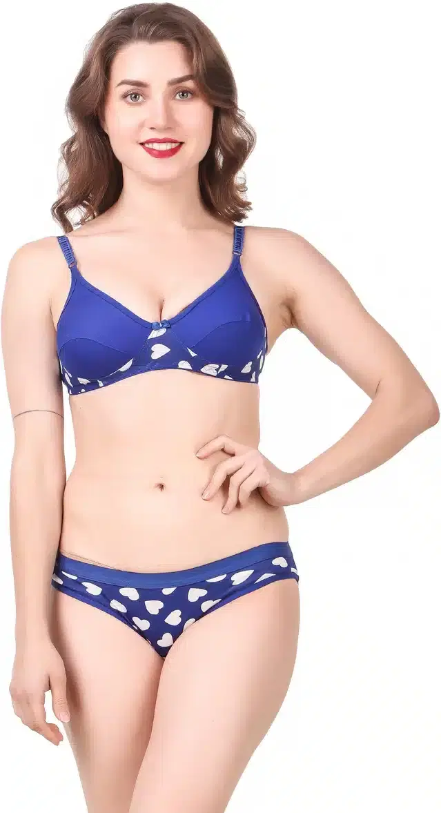 Cotton Blend Lingerie Set for Women (Blue, 34)