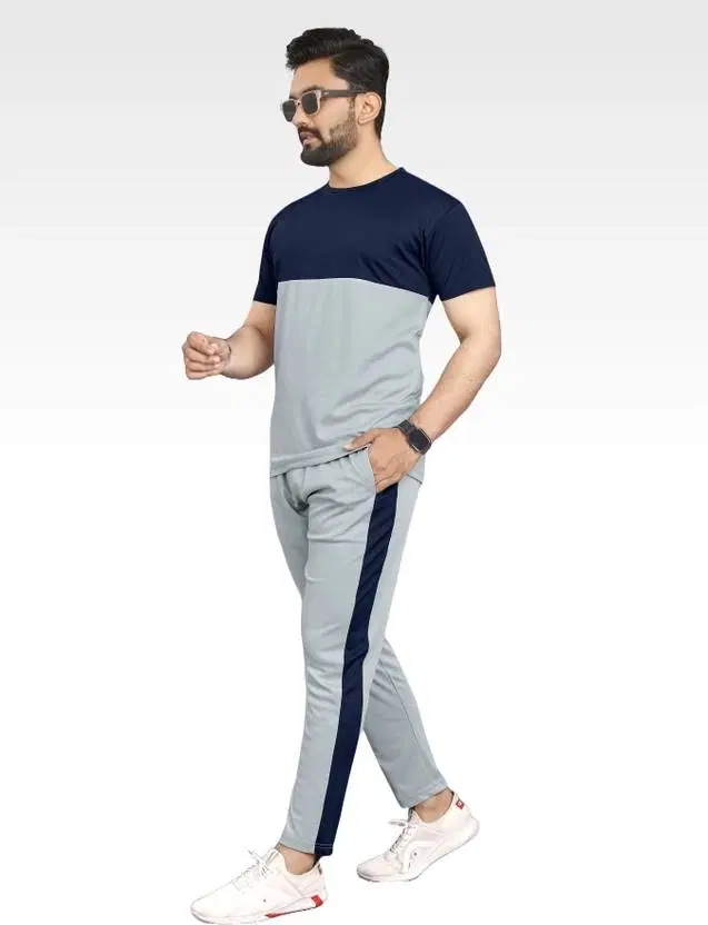 Cotton Blend Solid Tracksuit for Men (Navy Blue & Grey, M)