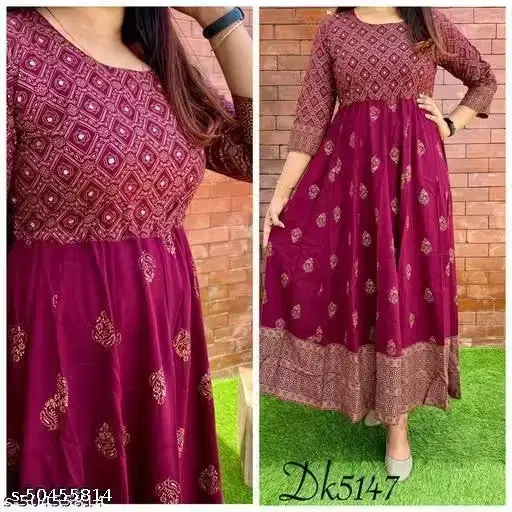 Block Print Cotton Blend Anarkali Kurti for Women ,Maroon (M)