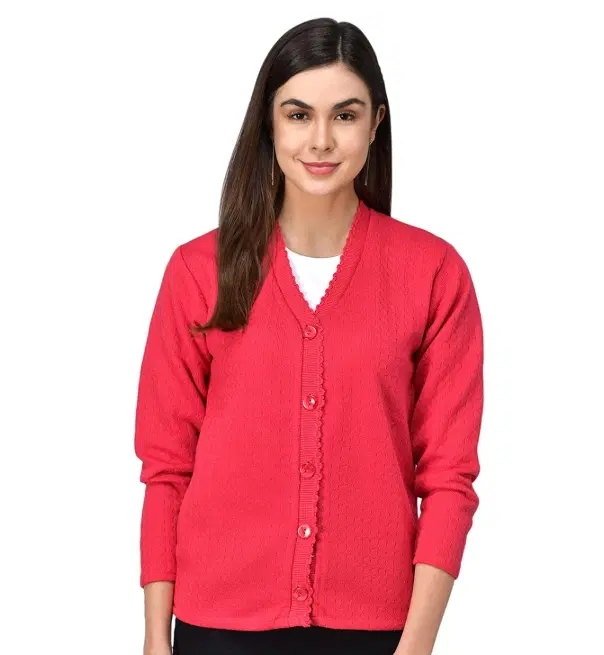 Woolen V-Neck Cardigan Full Sleeve Button-Up Winter Sweater (Free ) Red
