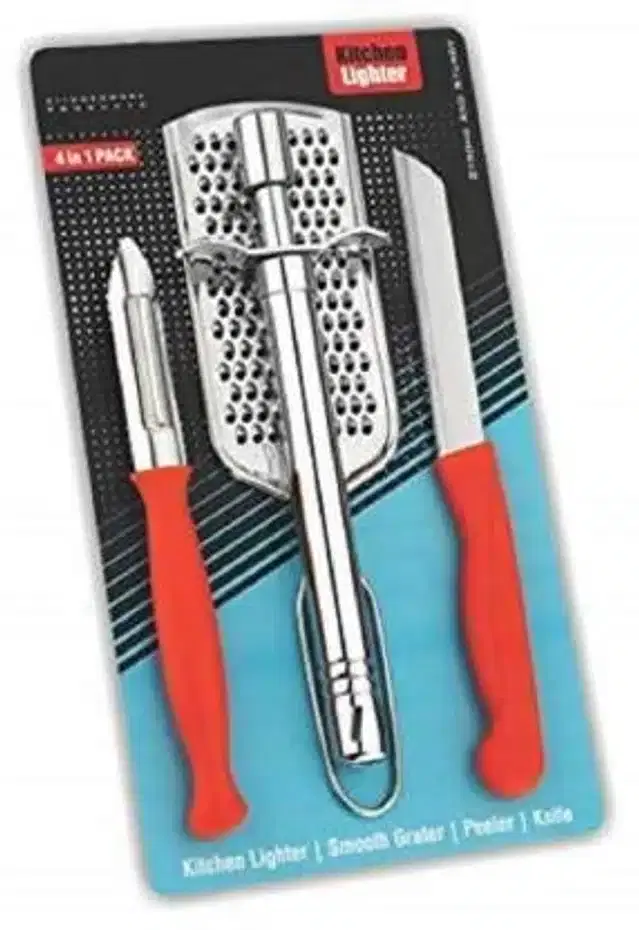 Gas Lighter with Grater & Knife with Peeler, Set of 4, Red