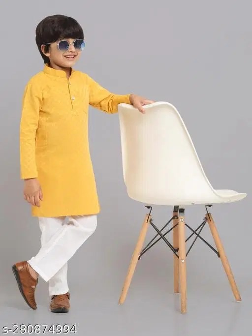 Cotton Blend Kurta with Pyjama for Boys (Yellow & White, 9-12 Months)