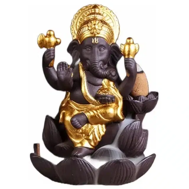 Ganesha Smoke Backflow Incense Holder with 10 Cones, Black & Gold, 14 cm