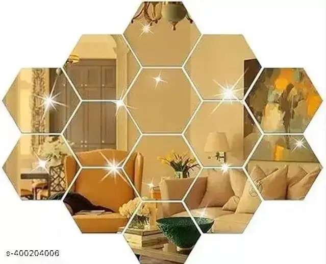 Acrylic Hexagon Shaped Wall Mirror Stickers, Gold, Pack of 14