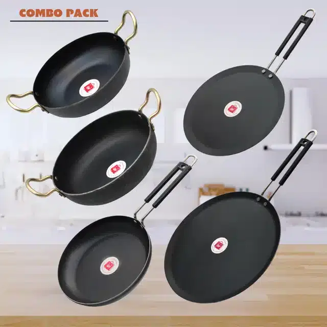 Frying Pan & Tawa Set, Pack of 5, Black, 1200 ml
