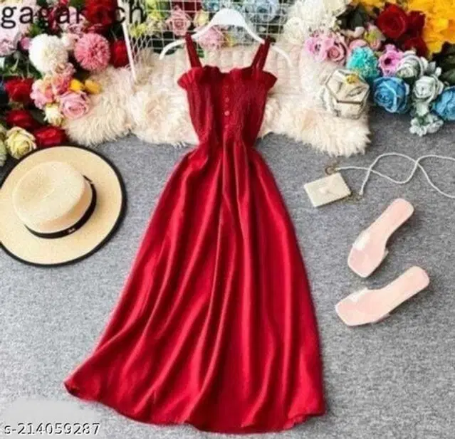 Poly Crepe Dress for Women (Red, S)
