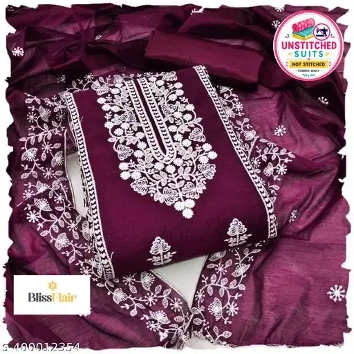 Chanderi Cotton Embroidered Punjabi Unstitched Suit for Women (Purple)