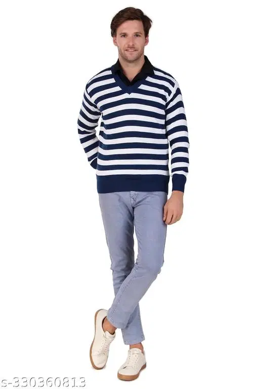 Full Sleeves Sweater for Men (Blue & White, M)