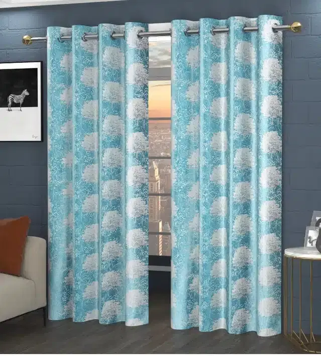 Printed Polyester Curtains, Teal, 5 feet, Pack of 2