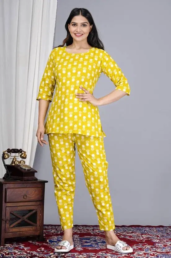 Women's Yellow Cotton Printed Night Suit Top and Pyjama Co-ord Sets (XL)
