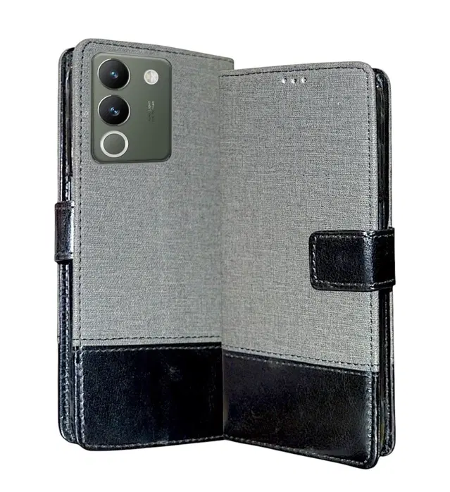 Artificial Leather Mobile Flip Cover for Vivo V2307 / Y200 5G, Grey