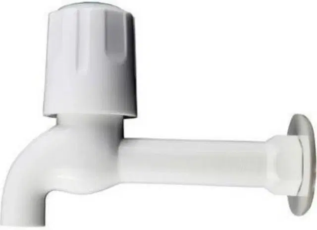 Plastic Long Body Bib Cock Tap with Wall Flange, White, Set of 1