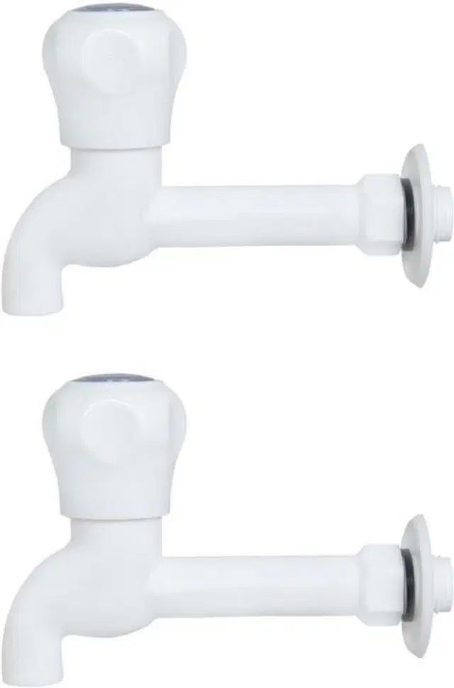 Plastic Long Body Bib Cock Tap with Wall Flange, White, Set of 2