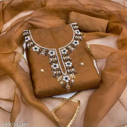Organza Embroidered Floral Patiala Suits for Women (Brown, Un Stitched)