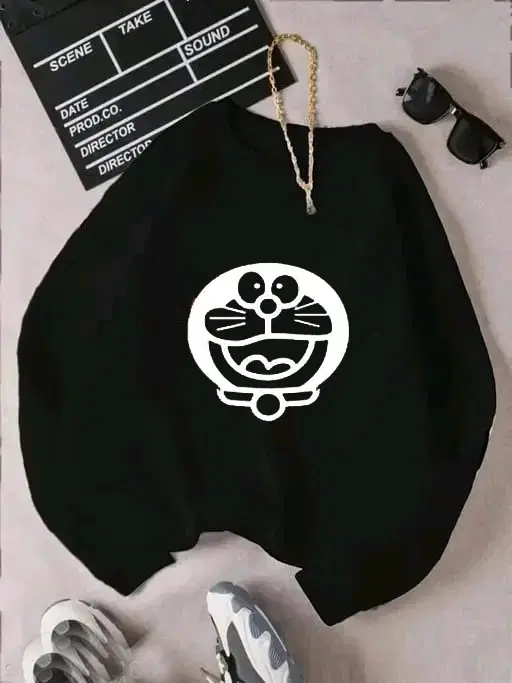 Fleece Printed Sweatshirt for Women (Black, S)