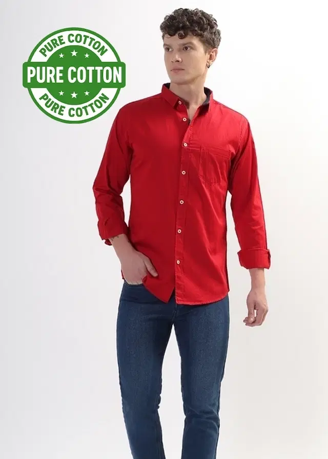 100% Cotton Full Sleeves Solid Shirt for Men, Red (L)