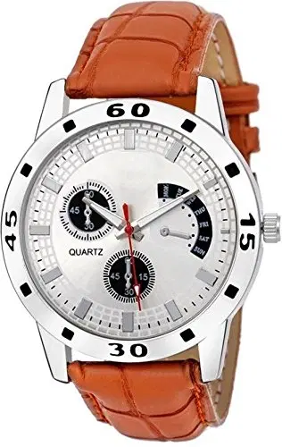 Analog Quartz Watch with White Dial & Brown Leather Strap for Men