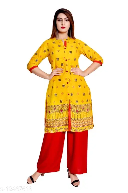 Cotton Kurta & Payjama Set For Women, Yellow (S)