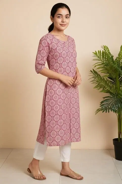 Cotton Blend Printed Kurti for Women, Pink (M)