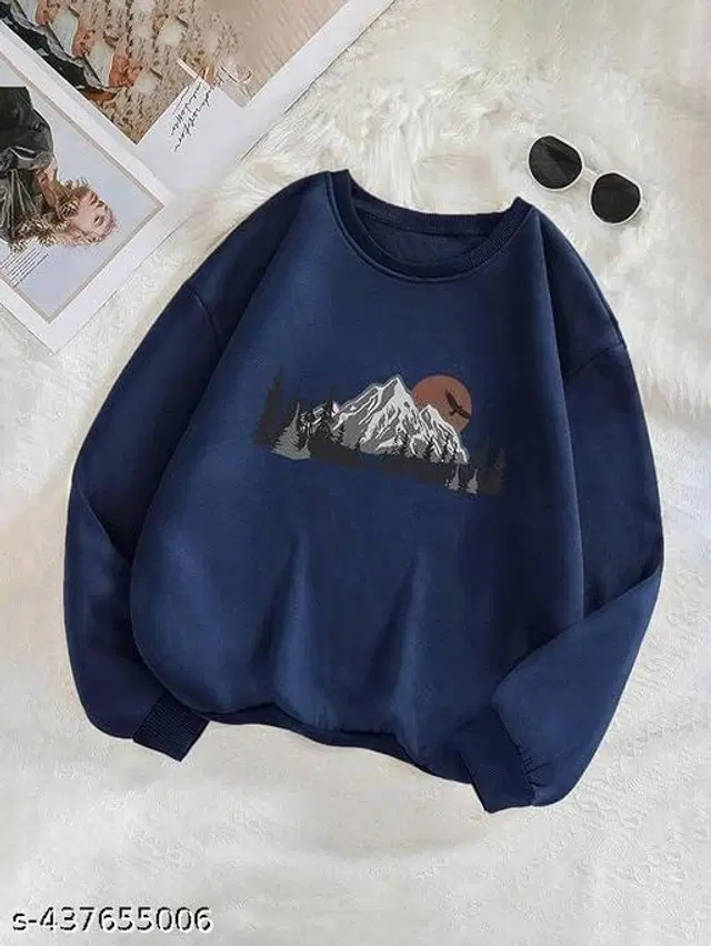 Cotton Blend Printed Sweatshirt for Women (Navy Blue, S)