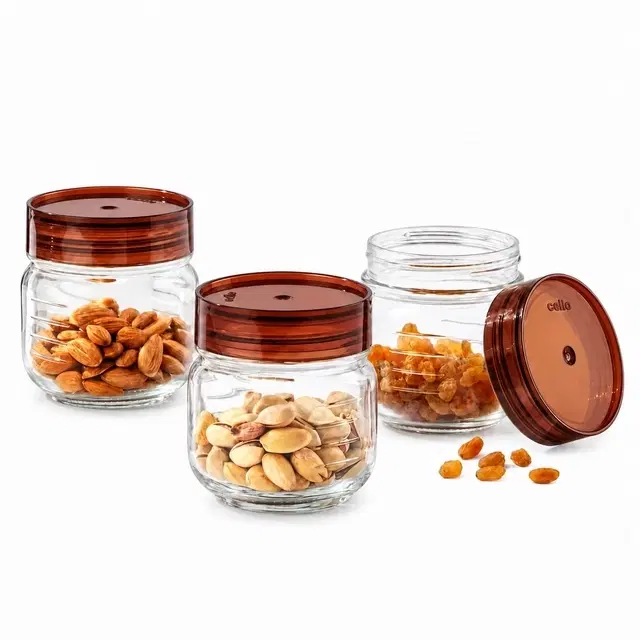 Cello Grip N Store Glass Storage Jar, 300ml, Maroon | Set of 3 | Airtight Lid | Easy-Grip Body | For Spices & Dry Fruits