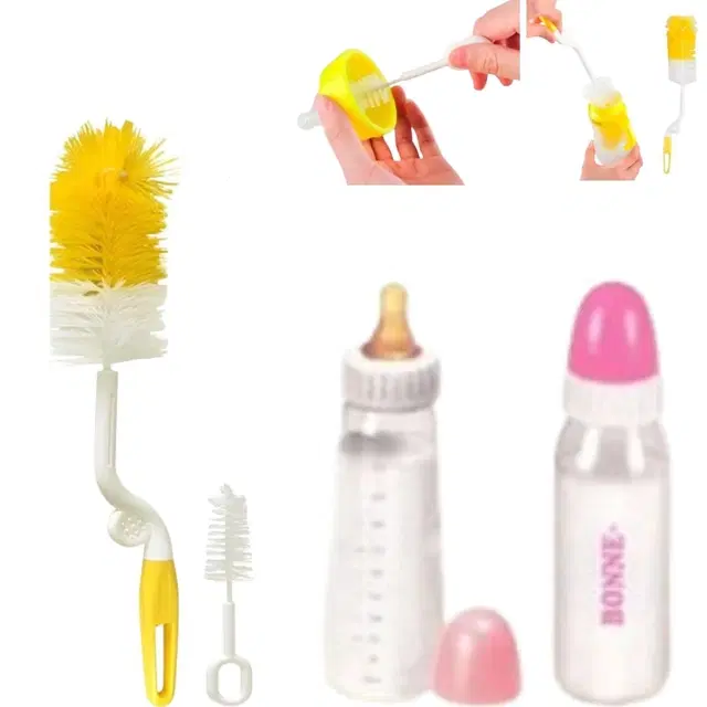 Combo of 2 Pcs Baby Milk Bottles, 225 ml with Bottle & Nipple Cleaning Brushes, Multicolor, Set of 4