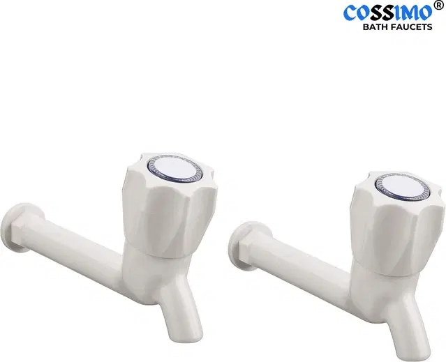 Plastic Long Body Bib Cock Tap with Wall Flange, White, Set of 2